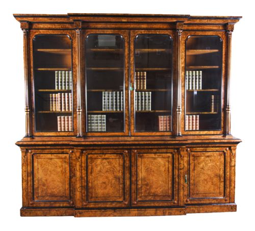 fig 1. Antique Victorian 10ft Four Door Burr Walnut Library Bookcase 19th Century