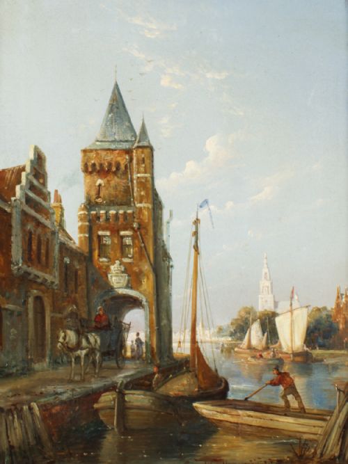 fig 1. A 19th-century oil painting depicting a Dutch canal scene with gabled buildings, boats, and figures, housed within an ornate gilded frame.