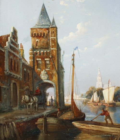 fig 2. A 19th-century oil painting depicting a Dutch canal scene with gabled buildings, boats, and figures, housed within an ornate gilded frame.