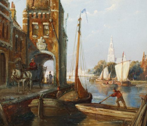 fig 3. A 19th-century oil painting depicting a Dutch canal scene with gabled buildings, boats, and figures, housed within an ornate gilded frame.