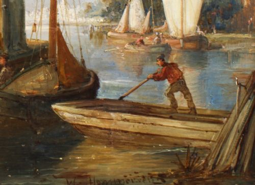 fig 4. A 19th-century oil painting depicting a Dutch canal scene with gabled buildings, boats, and figures, housed within an ornate gilded frame.