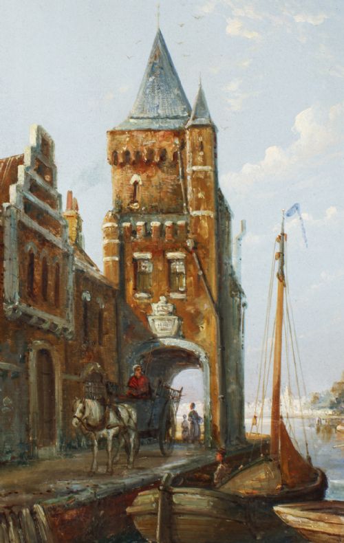 fig 5. A 19th-century oil painting depicting a Dutch canal scene with gabled buildings, boats, and figures, housed within an ornate gilded frame.