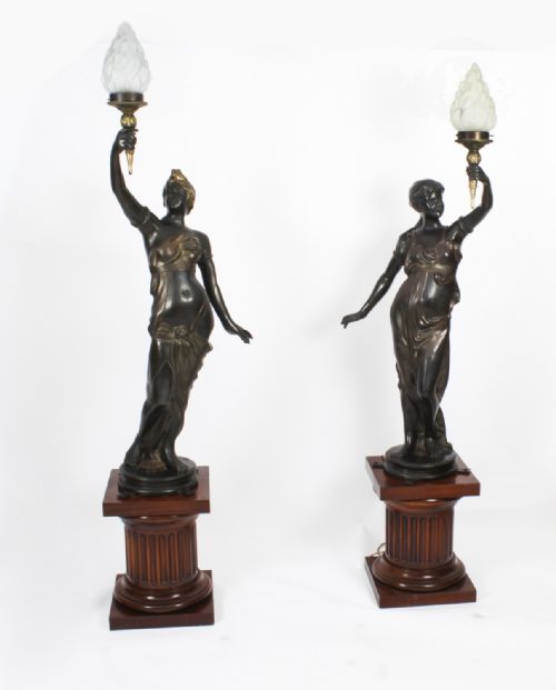 Antique Pair Large Bronze Figural Torcheres Lamps on Doric Columns C1910
