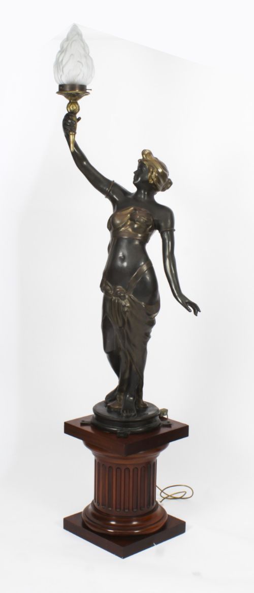 fig 1. Antique Pair Large Bronze Figural Torcheres Lamps on Doric Columns C1910