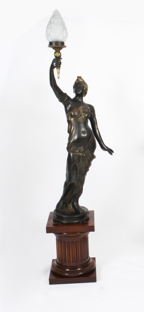 fig 2. Antique Pair Large Bronze Figural Torcheres Lamps on Doric Columns C1910