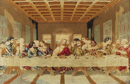fig 1. A nineteenth-century framed textile depicting Leonardo da Vincis Last Supper, set within a dark polished wooden frame with a thin gilt inner margin.
