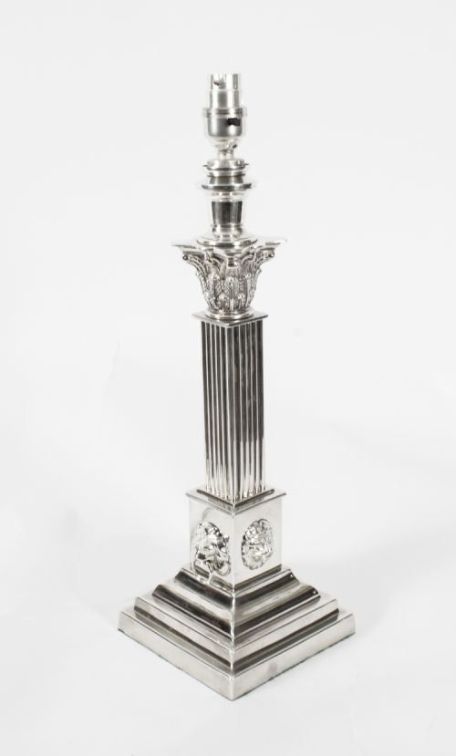 Antique Victorian Silver Plated Corinthian Column Table Lamp C 1880 19th C
