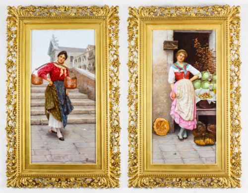 Antique Pair Oil on Canvas Venetian Market Paintings by Luigi Pastega 19th C

