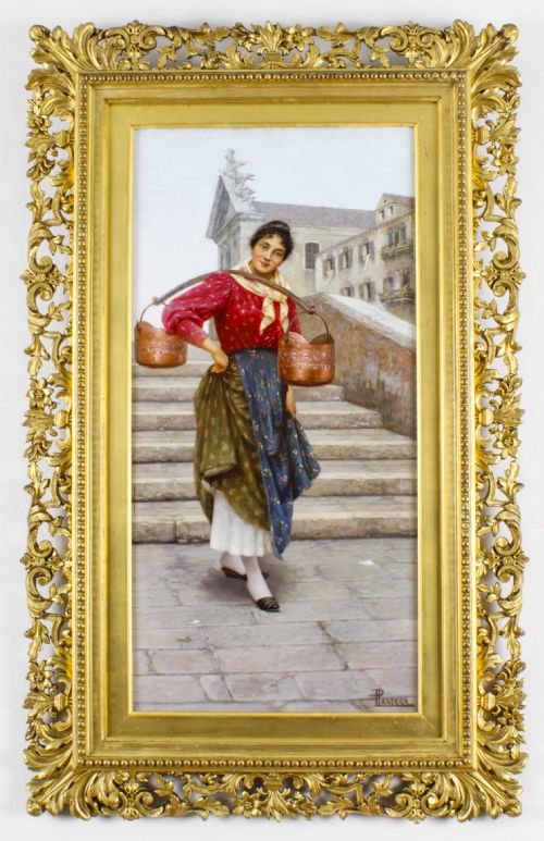 fig 1. Antique Pair Oil on Canvas Venetian Market Paintings by Luigi Pastega 19th C