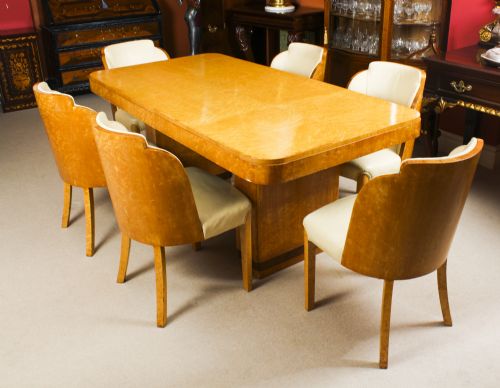 Antique Art Deco Birds-eye Maple Dining Table & 6 Cloud Back Chairs C1920
