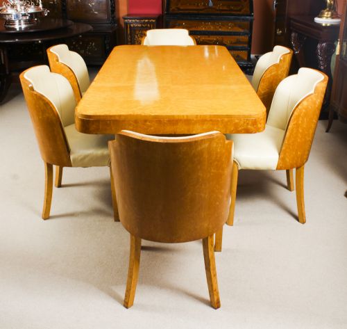fig 1. Antique Art Deco Birds-Eye Maple Dining Table & 6 Cloud Back Chairs C1920
