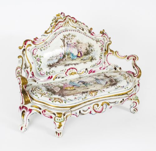 Antique French Marseilles Faience Miniature Porcelain Settee 19th C
