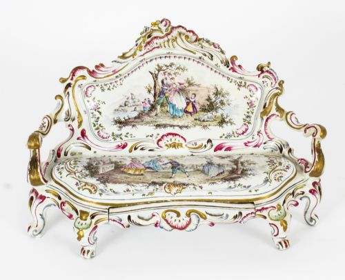 fig 1. Antique French Marseilles Faience miniature porcelain settee 19th C