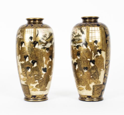 Antique Pair Japanese Satsuma Porcelain Meiiji Period Vases 19th Century
