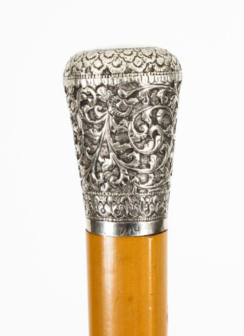 fig 1. Antique Silver & Malacca Walking Stick Cane cork screw 19th century