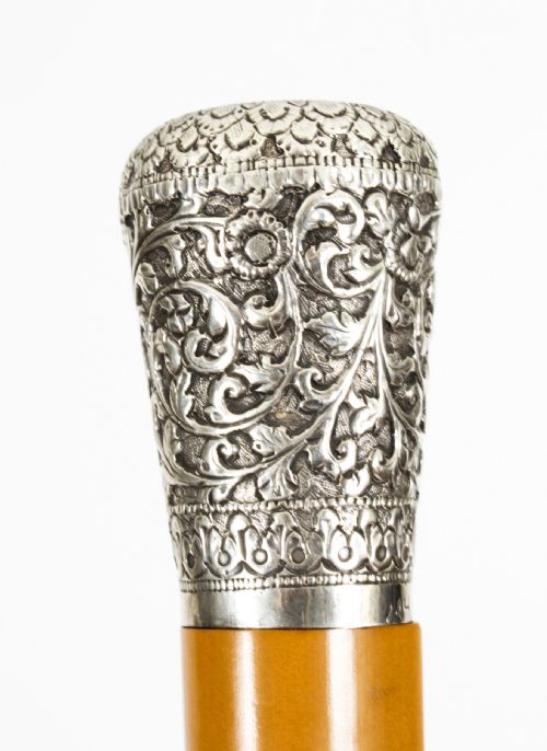 fig 3. Antique Silver & Malacca Walking Stick Cane cork screw 19th century