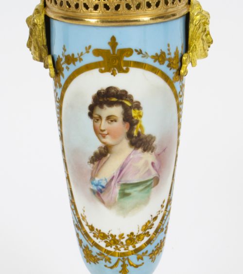 ANTIQUE PAIR FRENCH DUCK EGG BLEU SEVRES URNS 19TH C - ADDITIONAL PHOTO 2