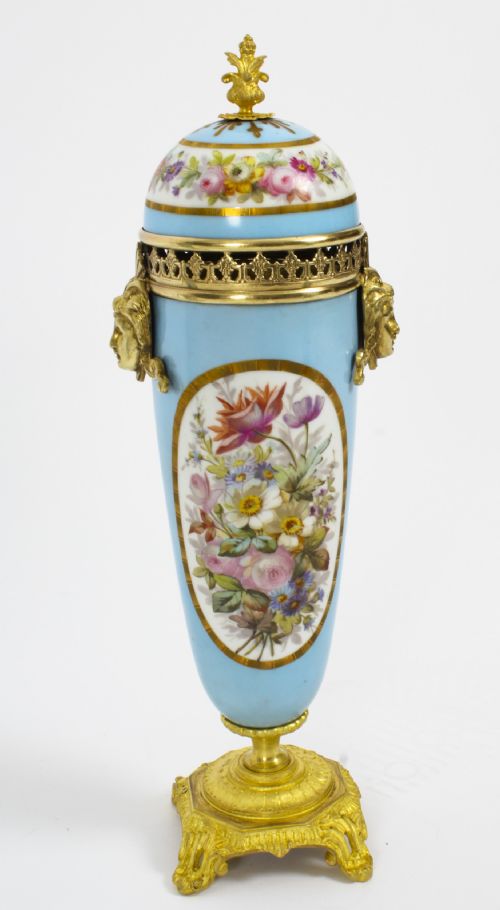 ANTIQUE PAIR FRENCH DUCK EGG BLEU SEVRES URNS 19TH C - ADDITIONAL PHOTO 3