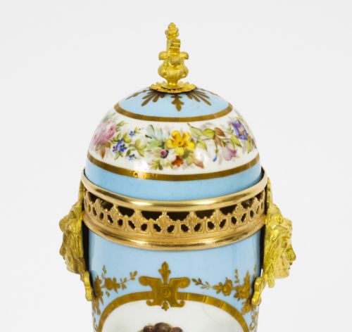 ANTIQUE PAIR FRENCH DUCK EGG BLEU SEVRES URNS 19TH C - ADDITIONAL PHOTO 4