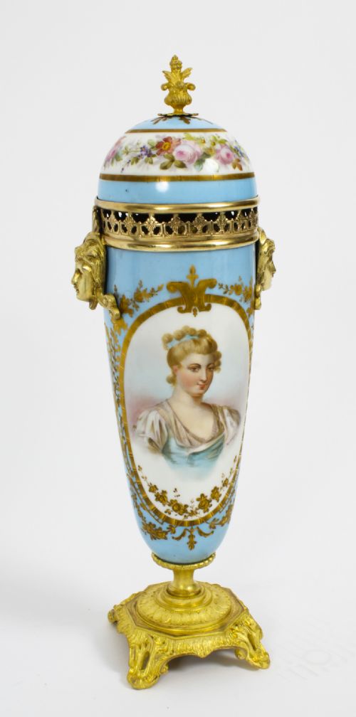 ANTIQUE PAIR FRENCH DUCK EGG BLEU SEVRES URNS 19TH C - ADDITIONAL PHOTO 5