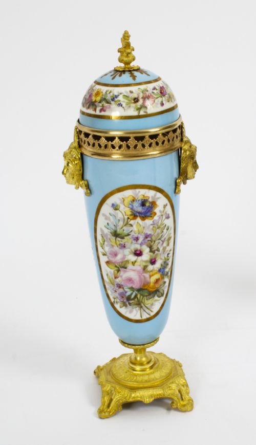 ANTIQUE PAIR FRENCH DUCK EGG BLEU SEVRES URNS 19TH C - ADDITIONAL PHOTO 7