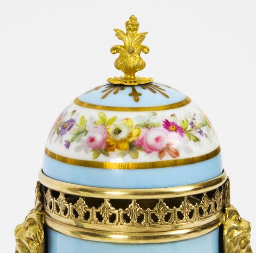 ANTIQUE PAIR FRENCH DUCK EGG BLEU SEVRES URNS 19TH C - ADDITIONAL PHOTO 11