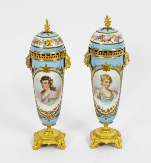 ANTIQUE PAIR FRENCH DUCK EGG BLEU SEVRES URNS 19TH C - ADDITIONAL PHOTO 21