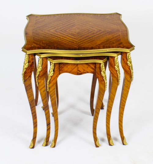 Antique French Louis Xv Revival Kingwood Ormolu Mounted Nest of 3 Tables C1880
