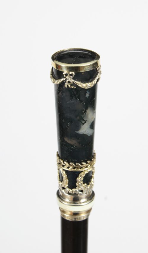fig 1. Antique Moss Agate Sterling Silver Walking Stick Cane George Adam Schied 1900