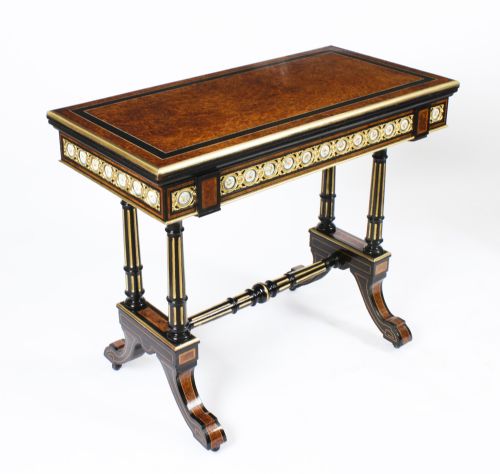ANTIQUE PAIR AMBOYNA CARD CONSOLE TABLES WITH PORCELAIN PLAQUES 19TH CENTURY - ADDITIONAL PHOTO 1