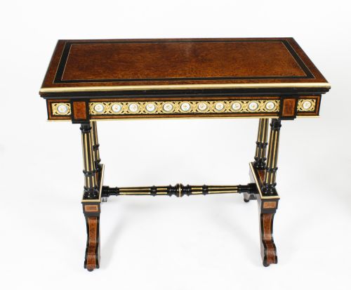 ANTIQUE PAIR AMBOYNA CARD CONSOLE TABLES WITH PORCELAIN PLAQUES 19TH CENTURY - ADDITIONAL PHOTO 3