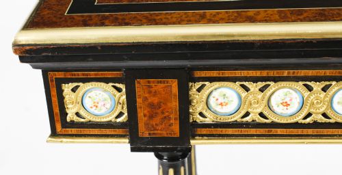ANTIQUE PAIR AMBOYNA CARD CONSOLE TABLES WITH PORCELAIN PLAQUES 19TH CENTURY - ADDITIONAL PHOTO 6