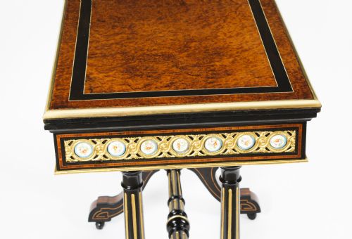ANTIQUE PAIR AMBOYNA CARD CONSOLE TABLES WITH PORCELAIN PLAQUES 19TH CENTURY - ADDITIONAL PHOTO 7