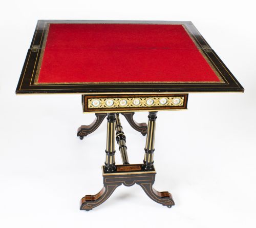 ANTIQUE PAIR AMBOYNA CARD CONSOLE TABLES WITH PORCELAIN PLAQUES 19TH CENTURY - ADDITIONAL PHOTO 8