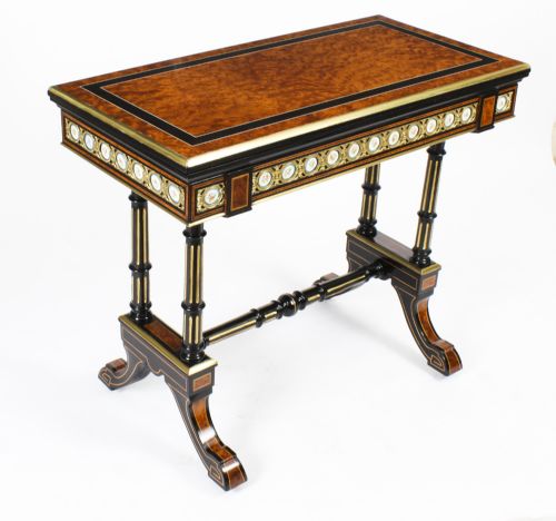 ANTIQUE PAIR AMBOYNA CARD CONSOLE TABLES WITH PORCELAIN PLAQUES 19TH CENTURY - ADDITIONAL PHOTO 11
