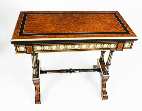ANTIQUE PAIR AMBOYNA CARD CONSOLE TABLES WITH PORCELAIN PLAQUES 19TH CENTURY - ADDITIONAL PHOTO 12