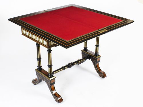 ANTIQUE PAIR AMBOYNA CARD CONSOLE TABLES WITH PORCELAIN PLAQUES 19TH CENTURY - ADDITIONAL PHOTO 15