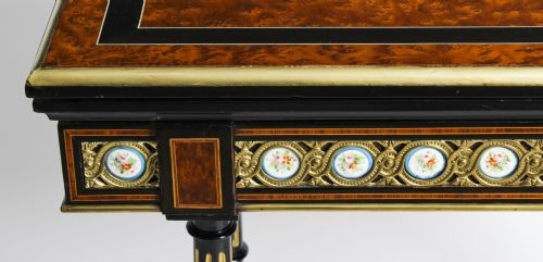 ANTIQUE PAIR AMBOYNA CARD CONSOLE TABLES WITH PORCELAIN PLAQUES 19TH CENTURY - ADDITIONAL PHOTO 17