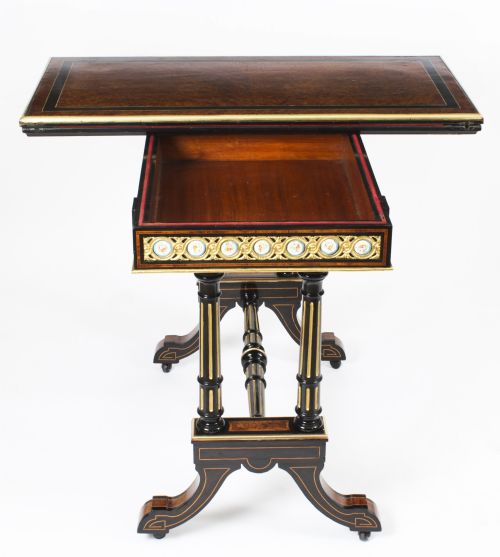 ANTIQUE PAIR AMBOYNA CARD CONSOLE TABLES WITH PORCELAIN PLAQUES 19TH CENTURY - ADDITIONAL PHOTO 19