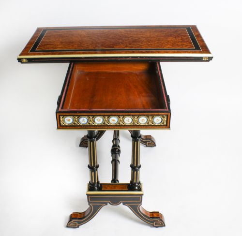 ANTIQUE PAIR AMBOYNA CARD CONSOLE TABLES WITH PORCELAIN PLAQUES 19TH CENTURY - ADDITIONAL PHOTO 21