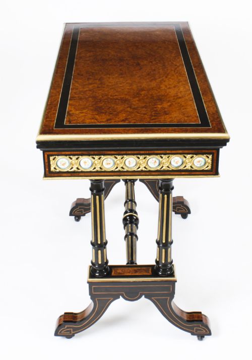 ANTIQUE PAIR AMBOYNA CARD CONSOLE TABLES WITH PORCELAIN PLAQUES 19TH CENTURY - ADDITIONAL PHOTO 23