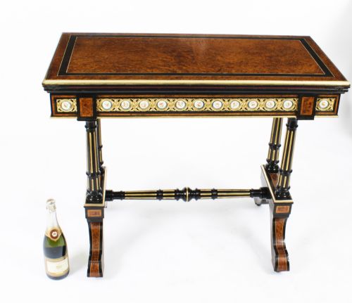 ANTIQUE PAIR AMBOYNA CARD CONSOLE TABLES WITH PORCELAIN PLAQUES 19TH CENTURY - ADDITIONAL PHOTO 27