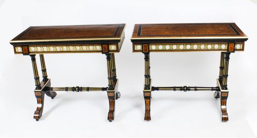 ANTIQUE PAIR AMBOYNA CARD CONSOLE TABLES WITH PORCELAIN PLAQUES 19TH CENTURY - ADDITIONAL PHOTO 28