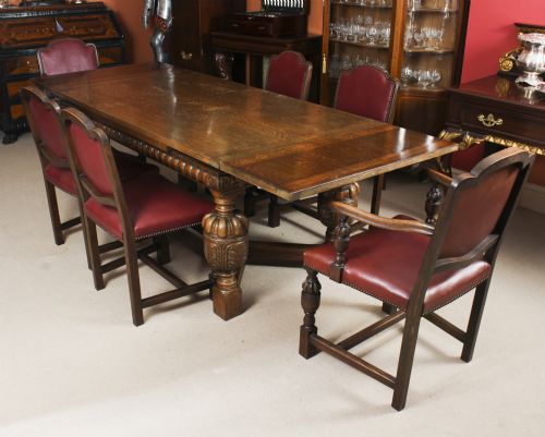 Antique Jacobean Revival Oak Refectory Dining Table & 6 Chairs 20th C
