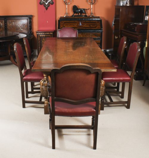 fig 1. Antique Jacobean Revival Oak Refectory Dining Table & 6 Chairs 20th C