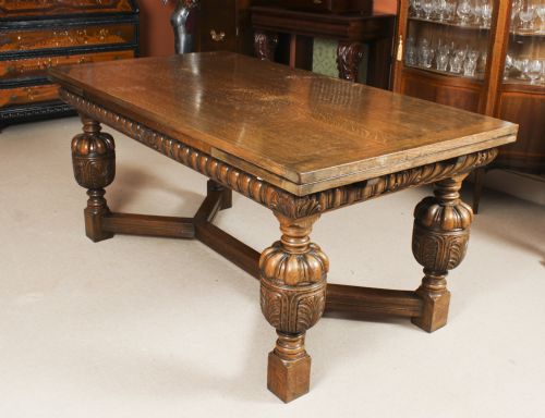 fig 2. Antique Jacobean Revival Oak Refectory Dining Table & 6 Chairs 20th C