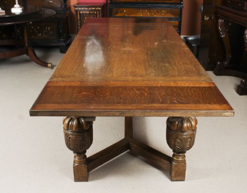 fig 3. Antique Jacobean Revival Oak Refectory Dining Table & 6 Chairs 20th C