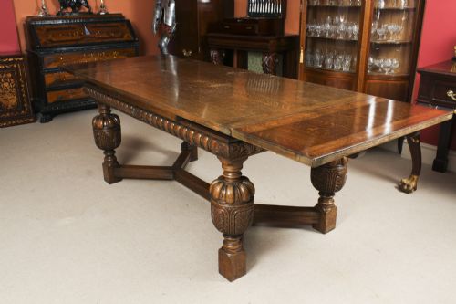 fig 4. Antique Jacobean Revival Oak Refectory Dining Table & 6 Chairs 20th C