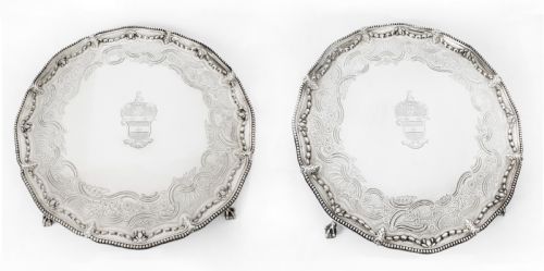 Antique Pair Sterling Silver Salvers by John Carter 1772 18th C
