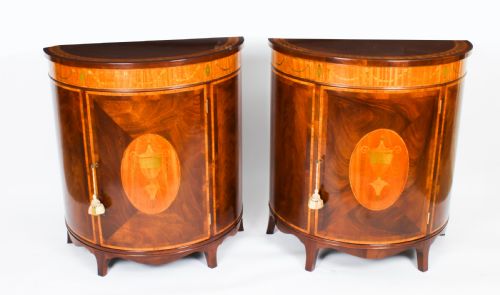 Antique Pair Flame Mahogany Demi Lune Cabinets Circa 1910
